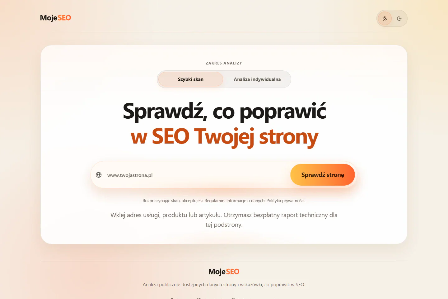 MojeSEO: ekran rozpoczęcia analizy w jasnym motywie