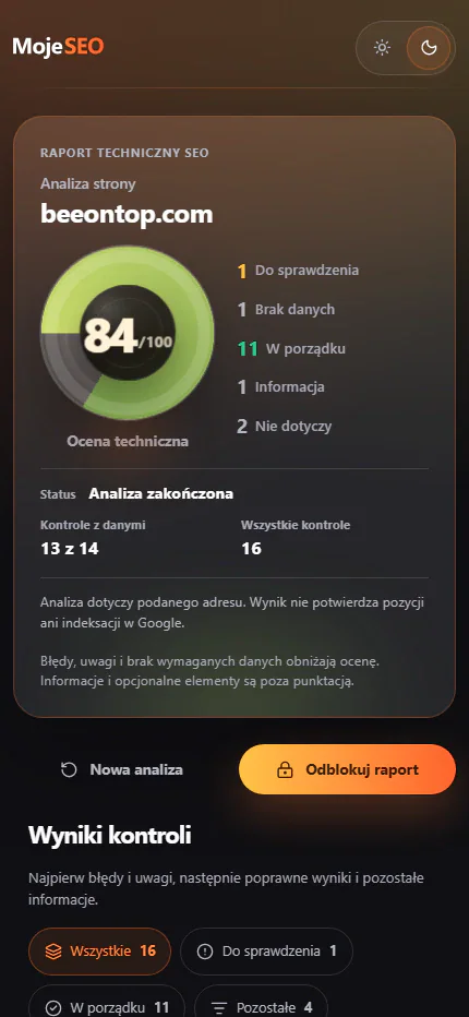 MojeSEO: raport na telefonie MojeSEO: mobilny raport SEO w ciemnym motywie