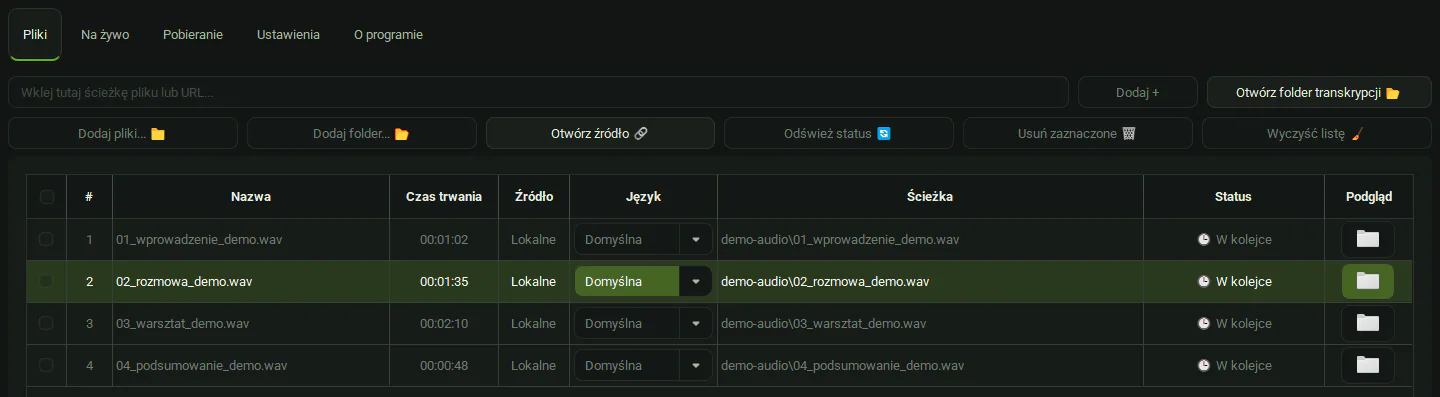 PySkryptor: zbliżenie kolejki czterech demonstracyjnych plików audio w ciemnym motywie