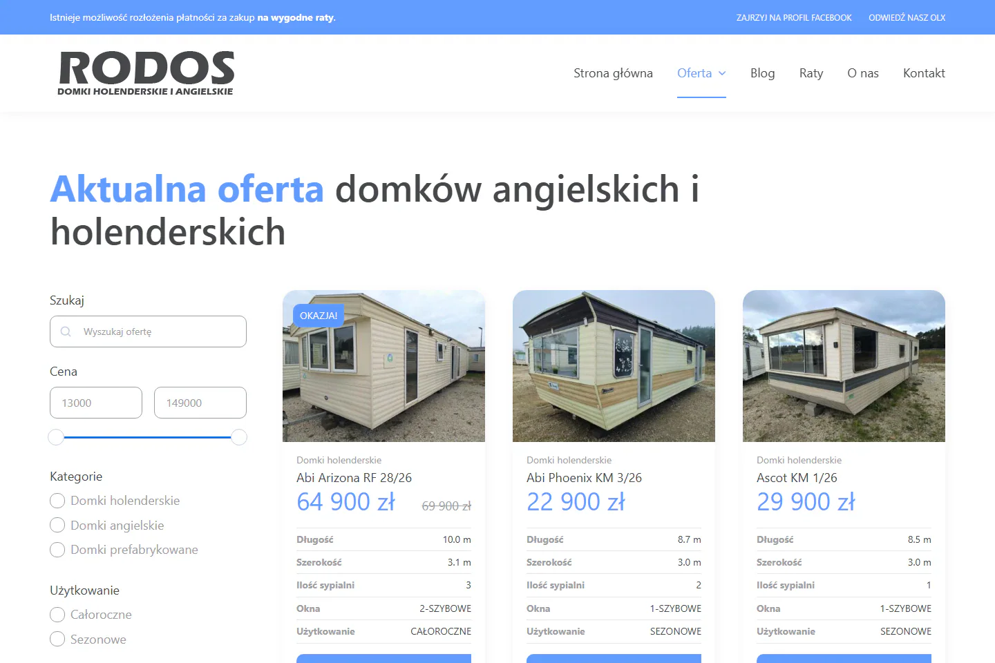Katalog domków z filtrowaniem, cenami i parametrami