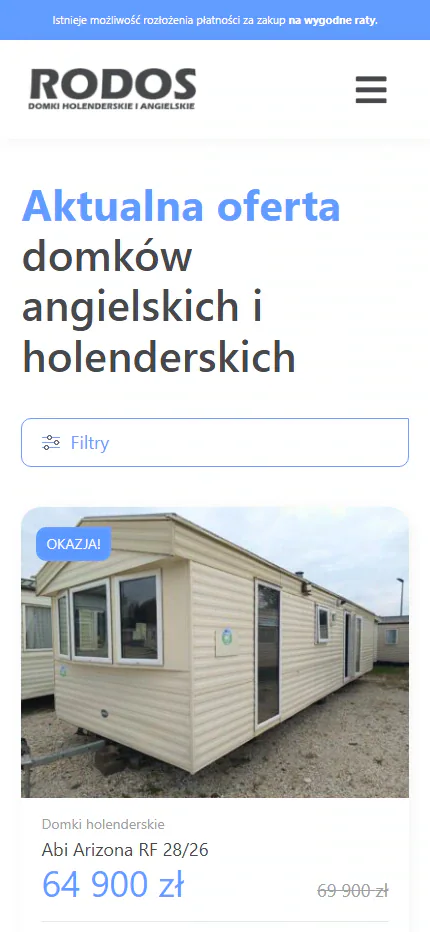 Mobilny katalog domków z filtrowaniem