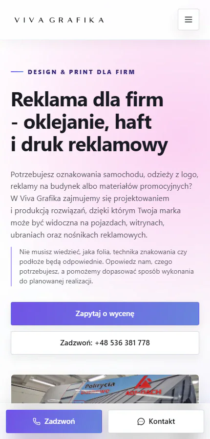 Mobilny widok strony Viva Grafika